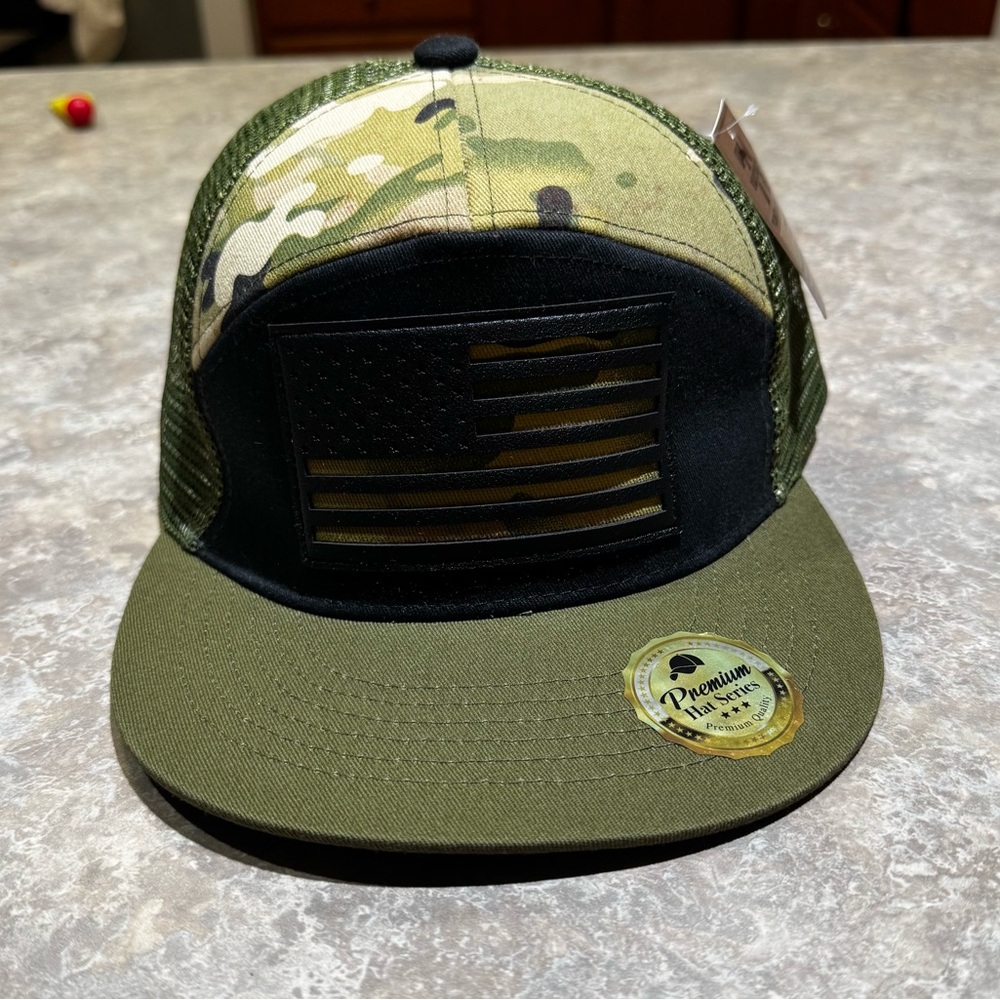 Camouflage Mesh Trucker Hat with Flag Patch - Olive Green